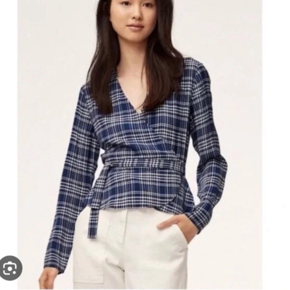 Aritzia WILFRED Free Shannon wrap plaid blouse long sleeves blue Size Medium - Picture 1 of 8